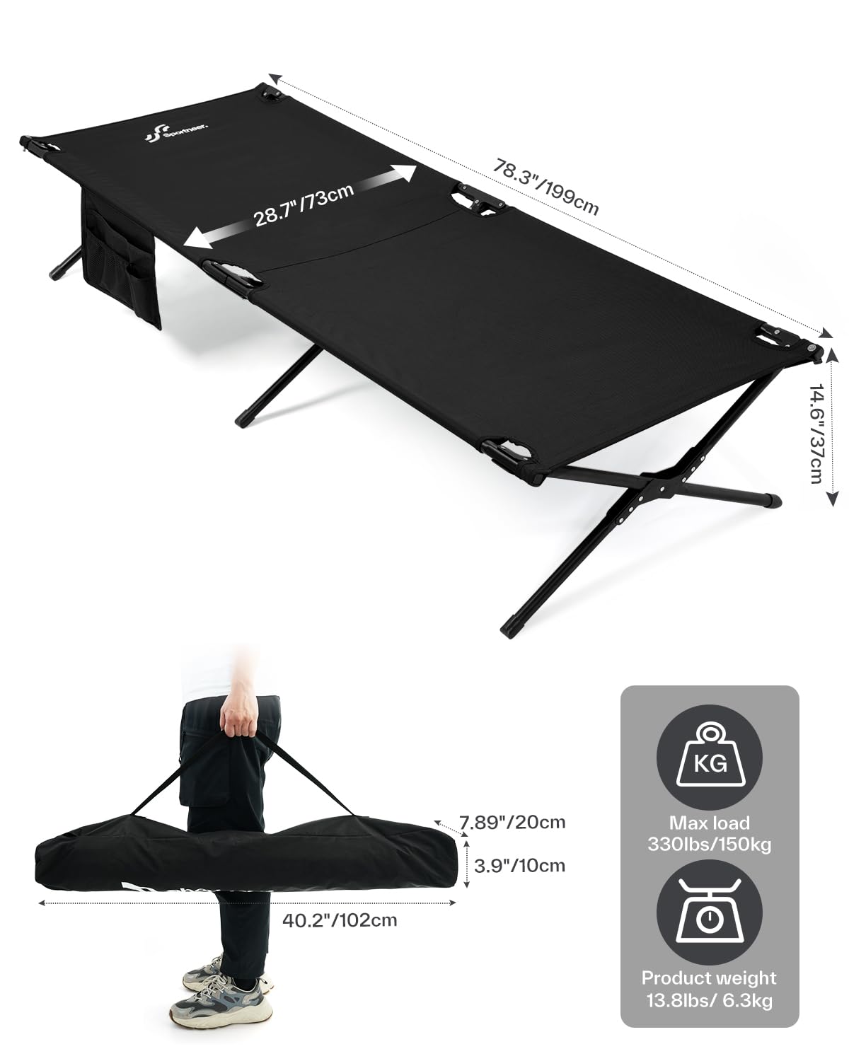 Sportneer camping cot features stainless-steel brackets for durable, repeated outdoor use.