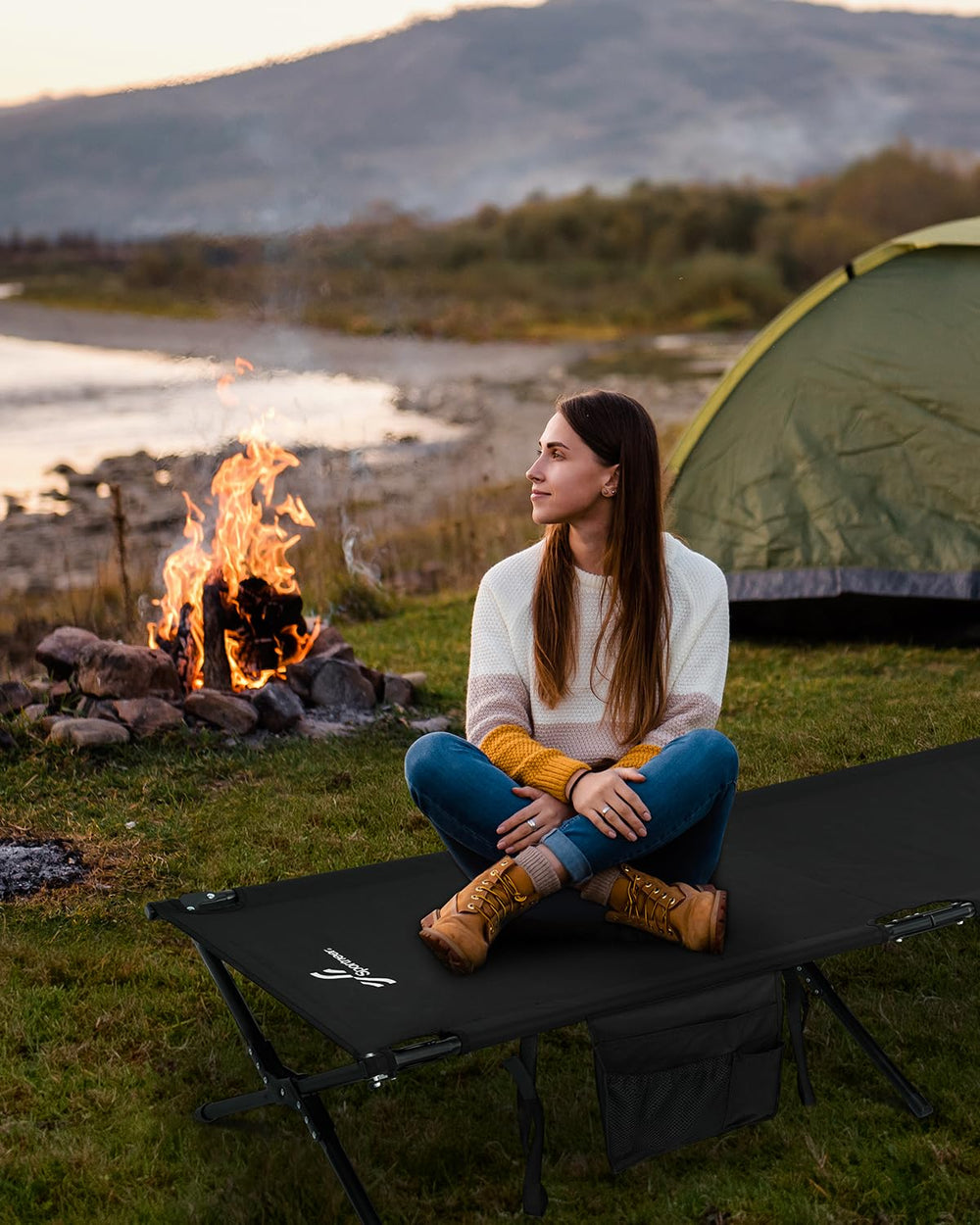 Sportneer camping cot with X-shaped leg bracket delivers rock-solid stability on any terrain.