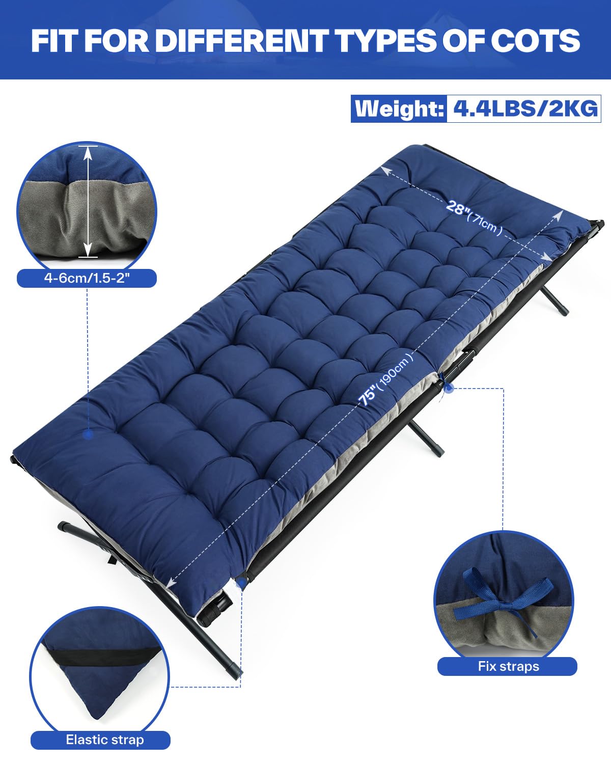 Sportneer cot mattress pad 2-inch thick core supports even pressure distribution.