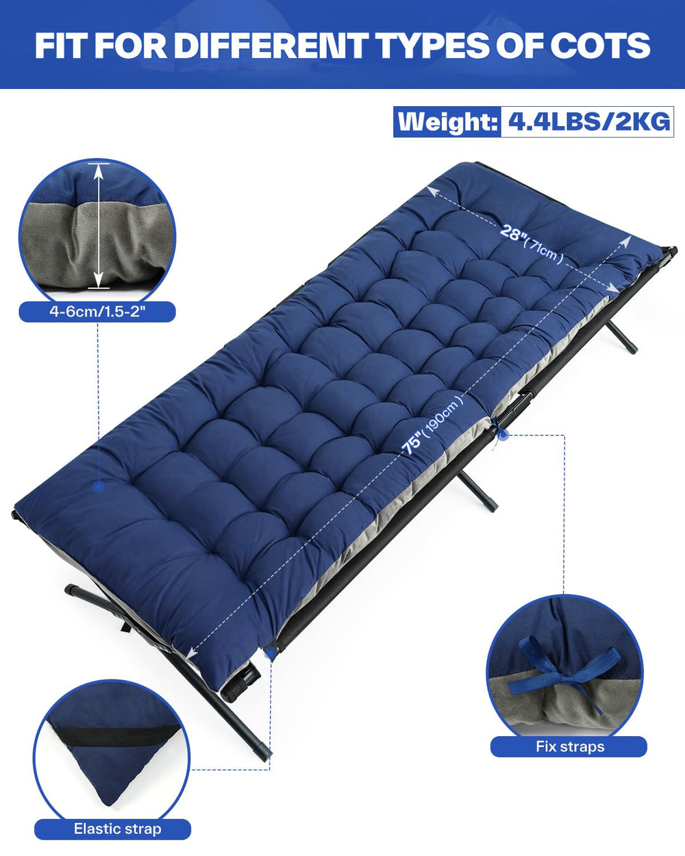 Sportneer cot mattress pad 2-inch thick core supports even pressure distribution.