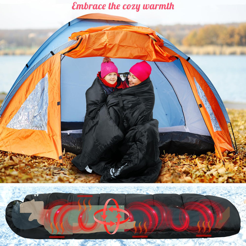 Sportneer sleeping bag back straps and pocket for adjusting fit and power access.