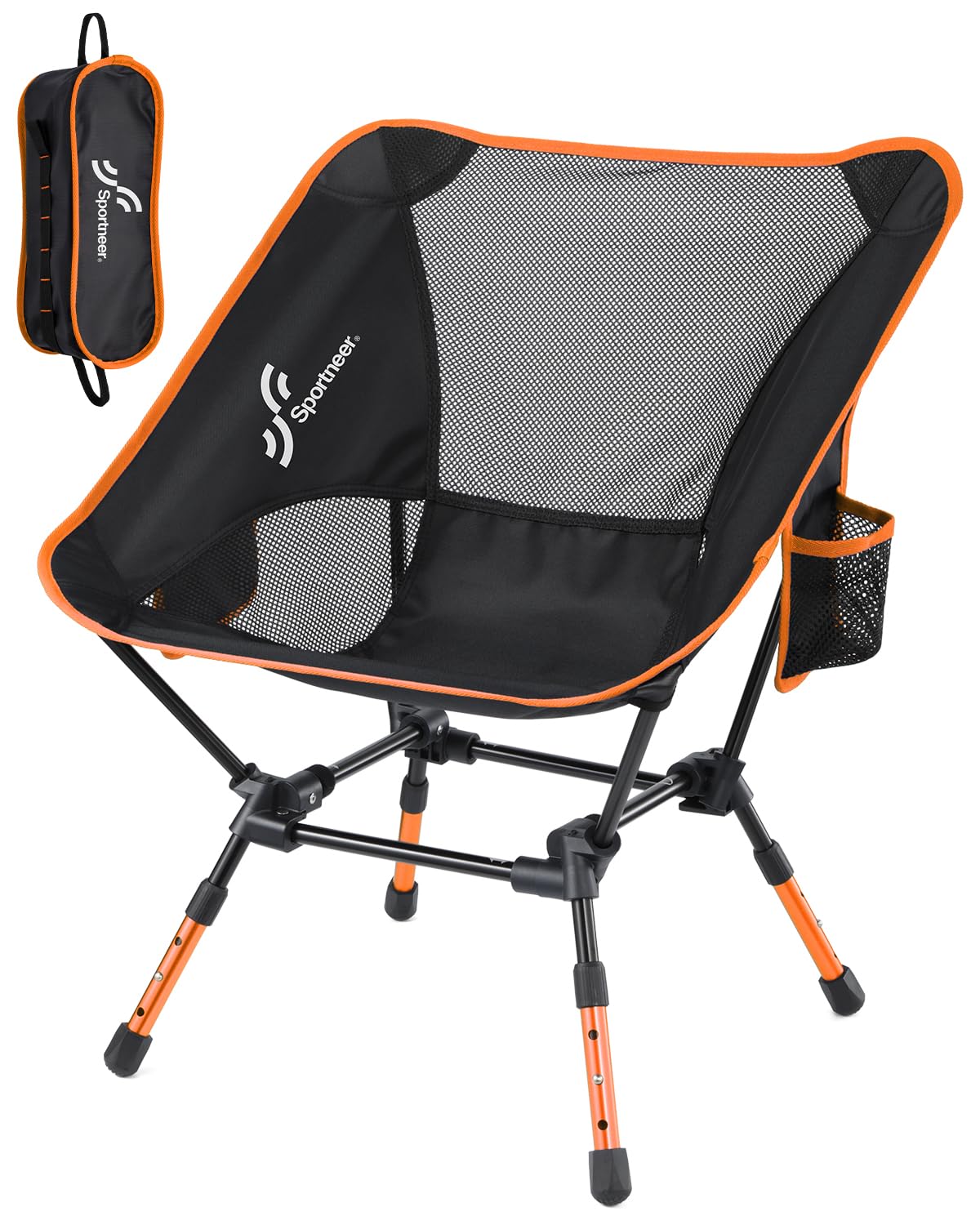 Sportneer orange camping chair with stable frame for balanced seating on rough ground.