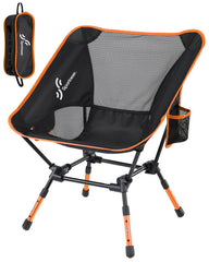 Sportneer orange camping chair with stable frame for balanced seating on rough ground.