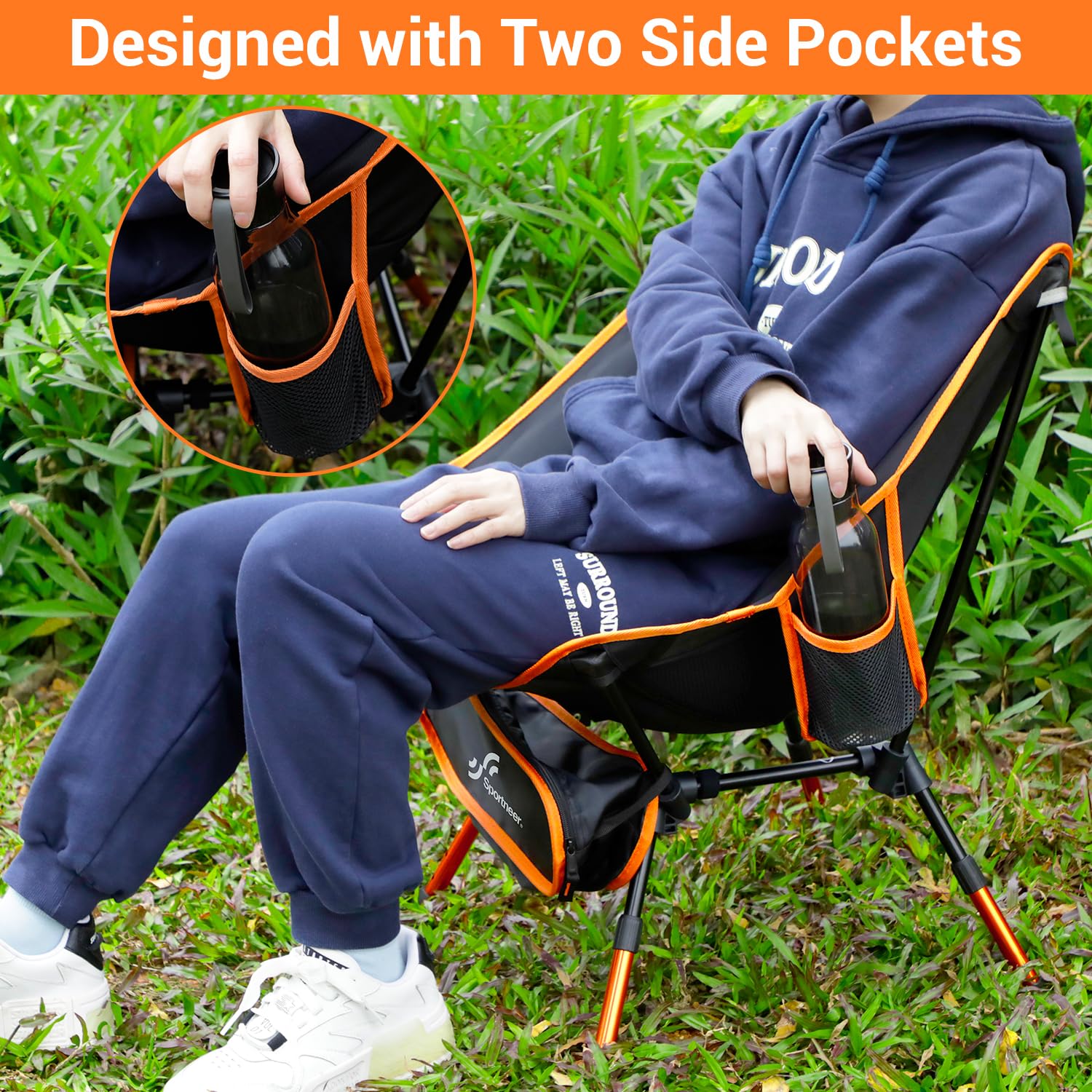 Sportneer orange camping chair durable aluminum frame and 900D Oxford cloth.