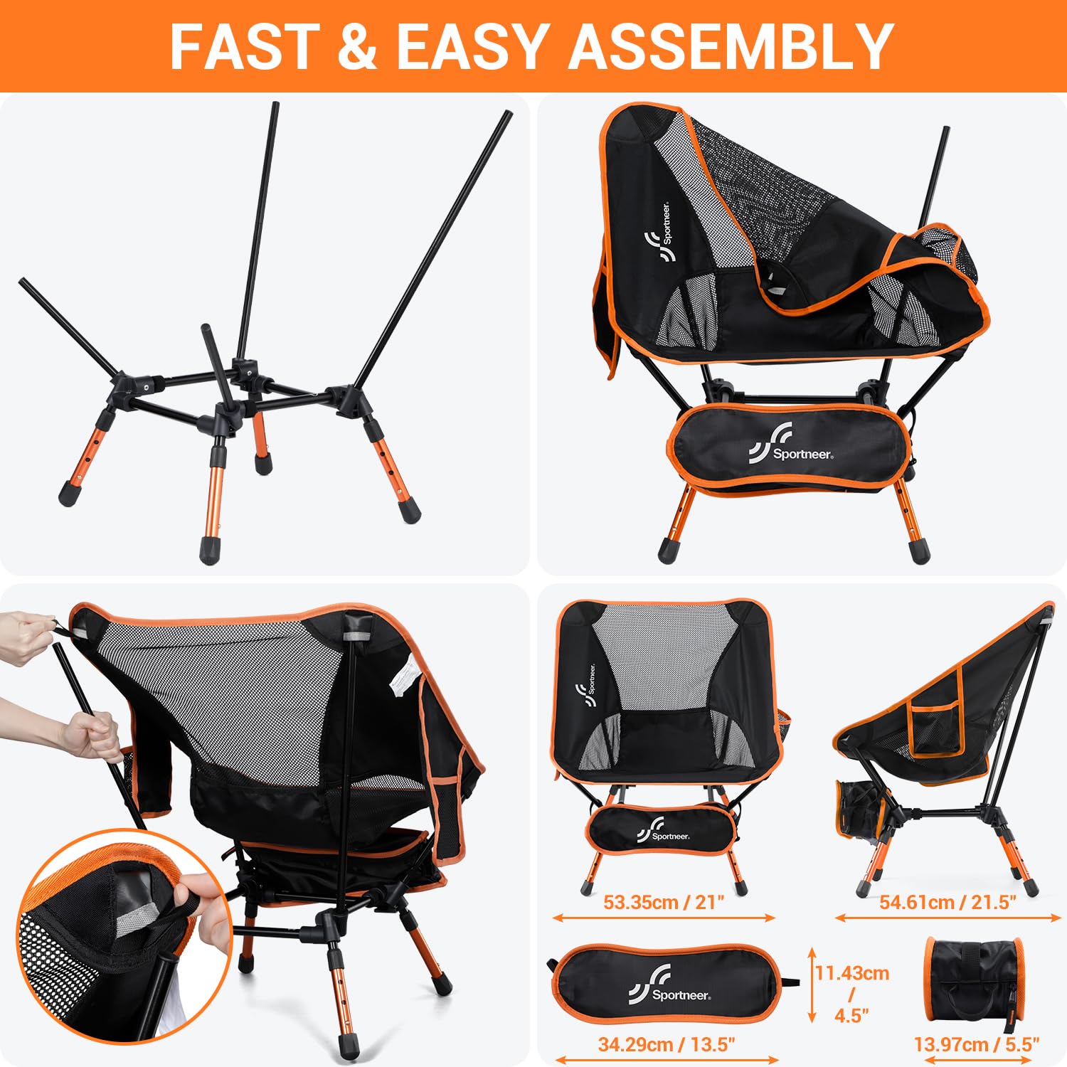 Sportneer orange camping chair suitable for camping, hiking, and picnics.