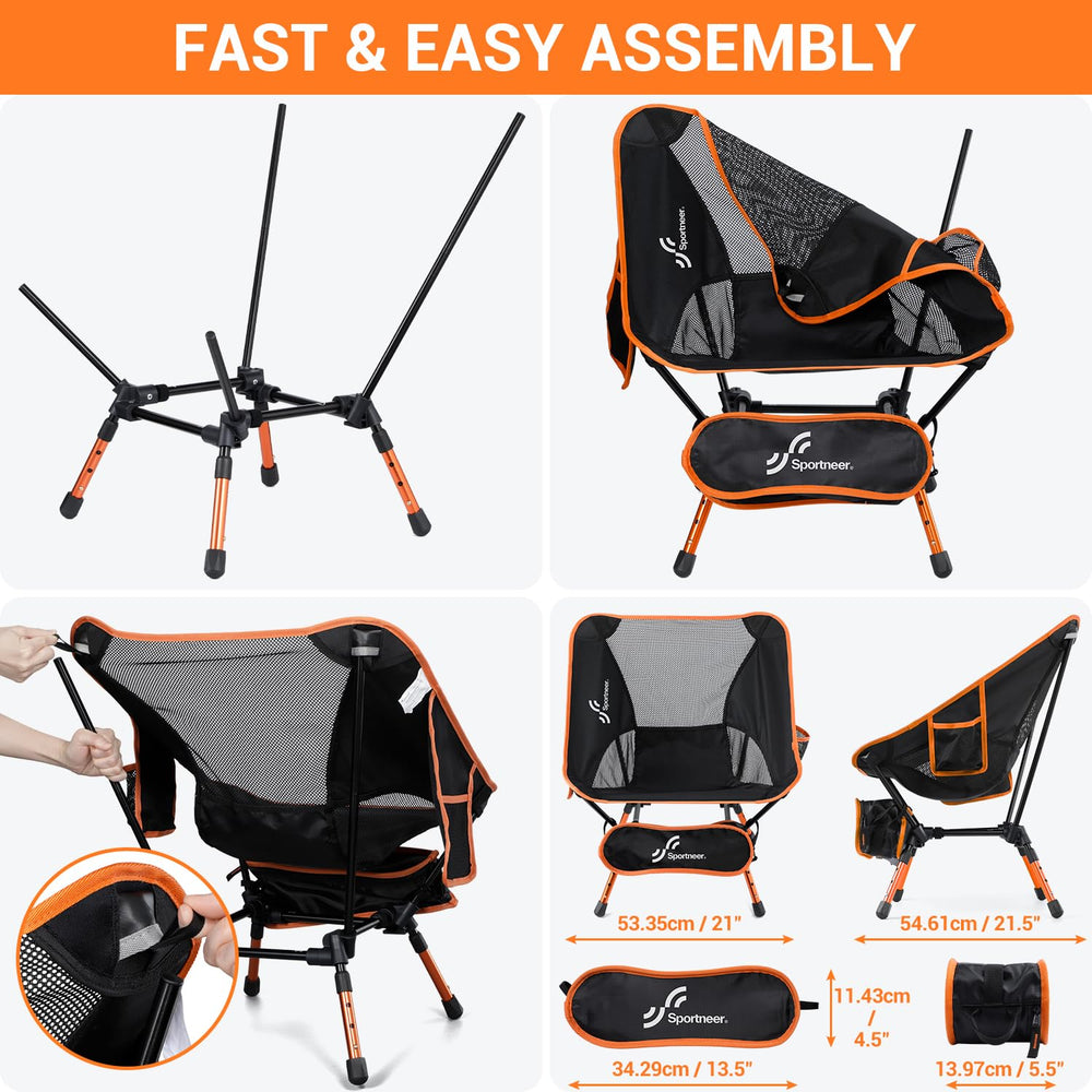 Sportneer orange camping chair suitable for camping, hiking, and picnics.