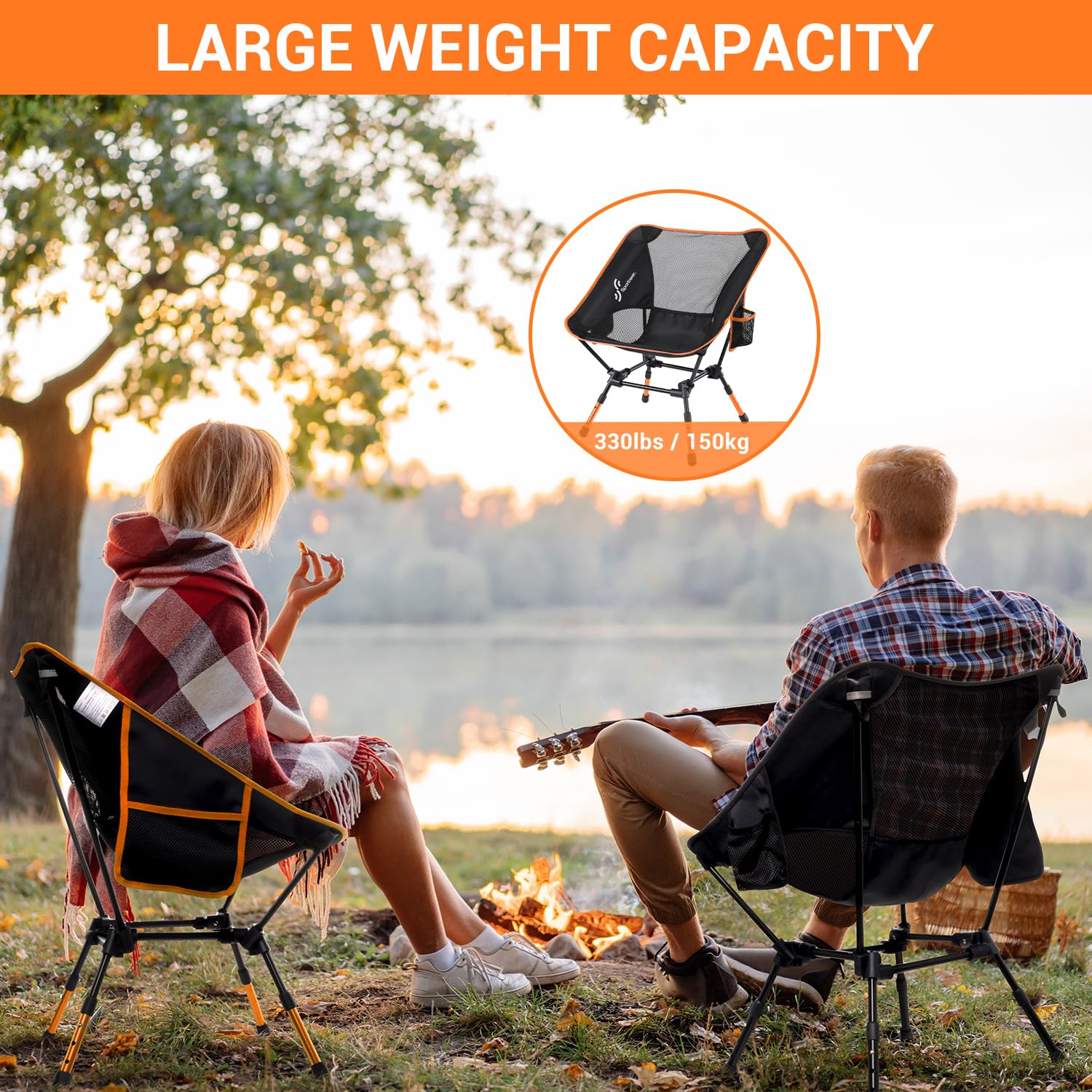 Sportneer orange camping chair side pockets keep essentials within reach.