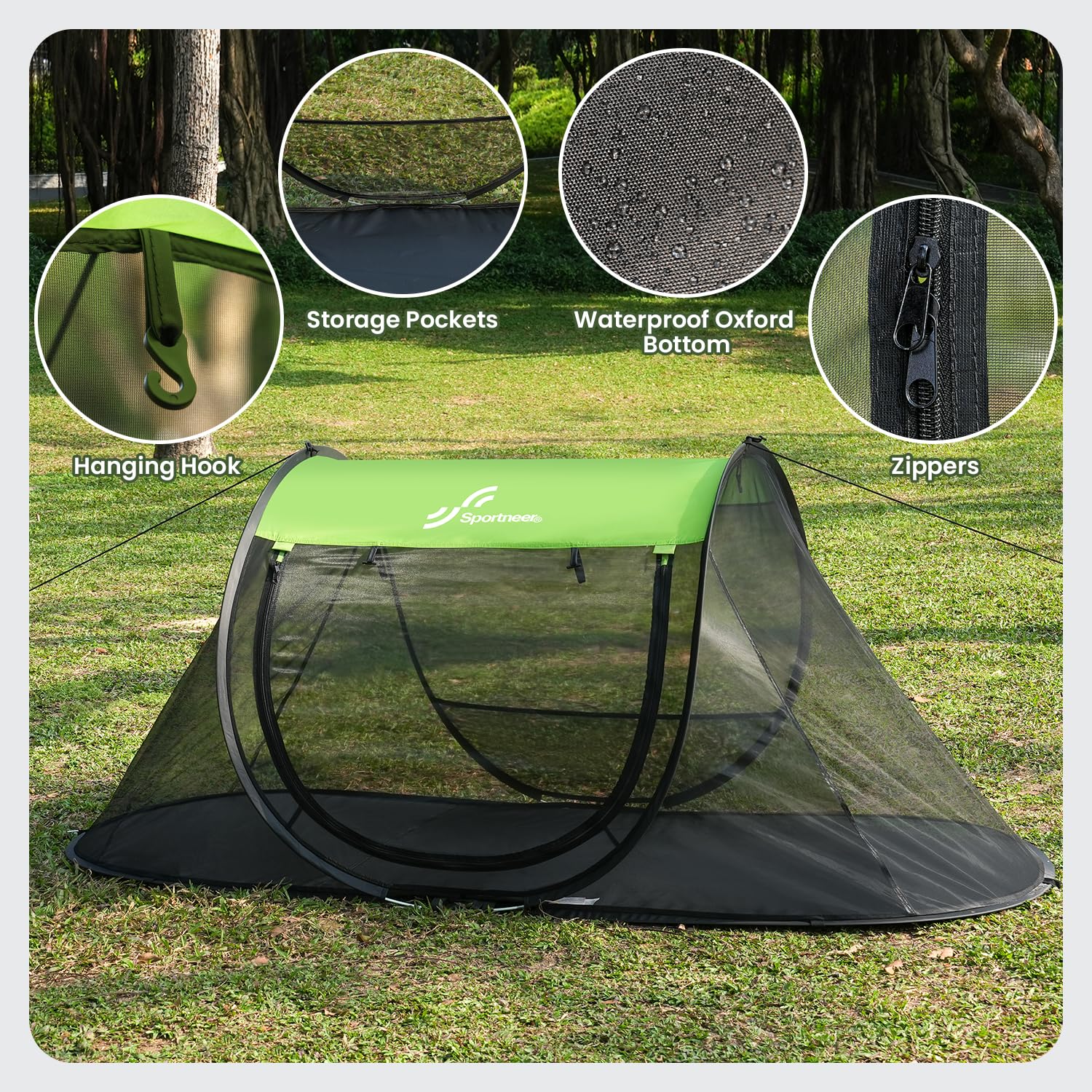Sportneer pop-up mosquito net tent shows breathable mesh for airflow and comfort.