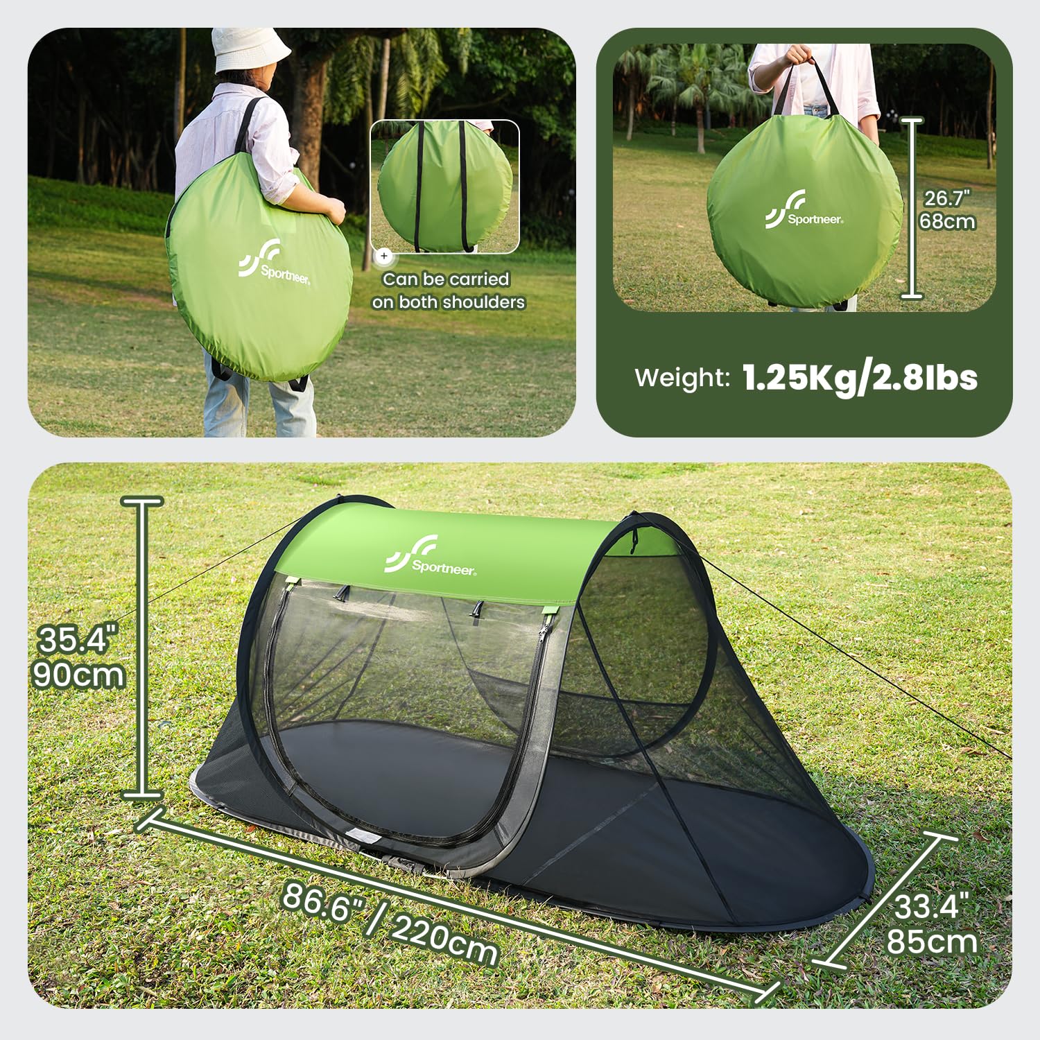 Sportneer pop-up mosquito net tent attached to a camping cot for secure camping nights.