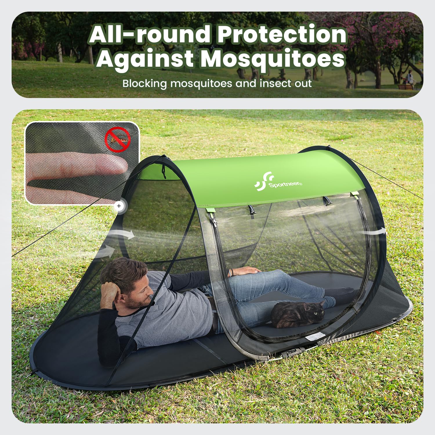 Sportneer pop-up mosquito net tent measures 86.6 by 33.5 by 35.4 inches.