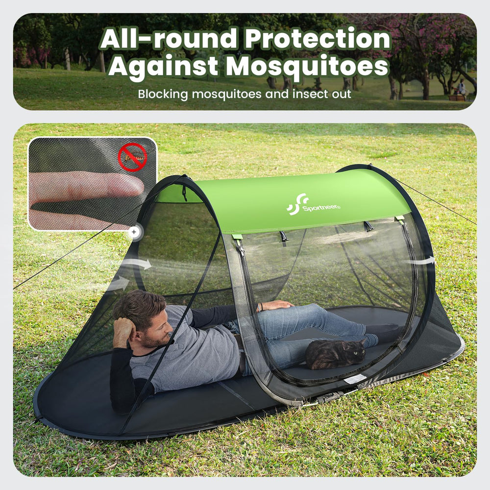 Sportneer pop-up mosquito net tent measures 86.6 by 33.5 by 35.4 inches.