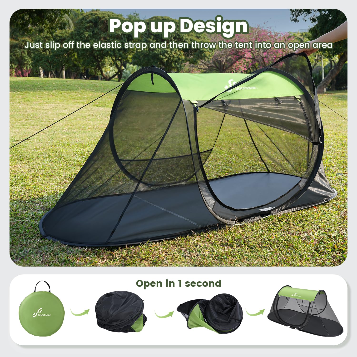 Sportneer pop-up mosquito net tent folds compactly for easy transport.