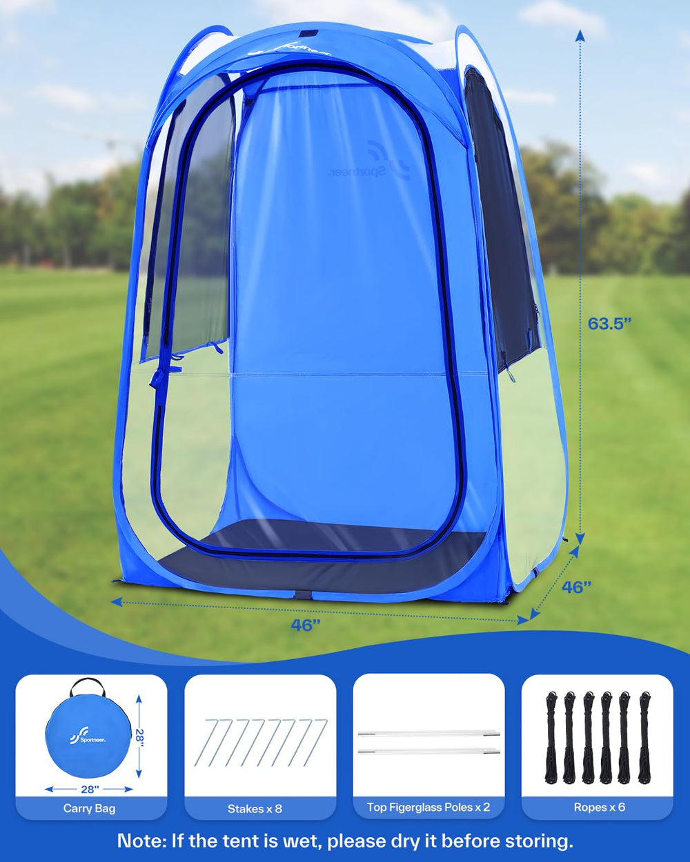 Sportneer pop-up tent 3-side visibility provides clear field view while sheltered.