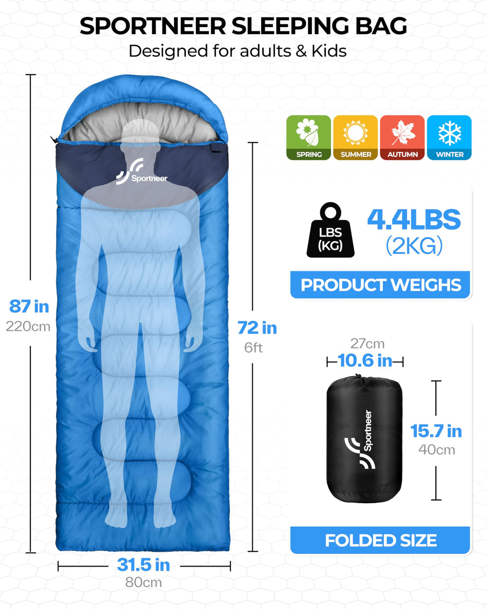 Sportneer sleeping bag 4-season warmth shell and lining detail.