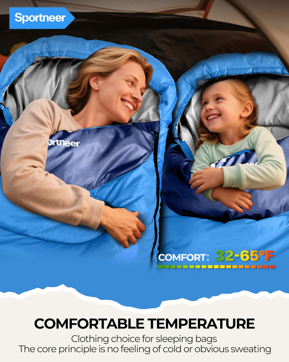 Sportneer sleeping bag with dual zippers and drawstring hood for versatile comfort.
