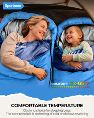 Sportneer sleeping bag with dual zippers and drawstring hood for versatile comfort.