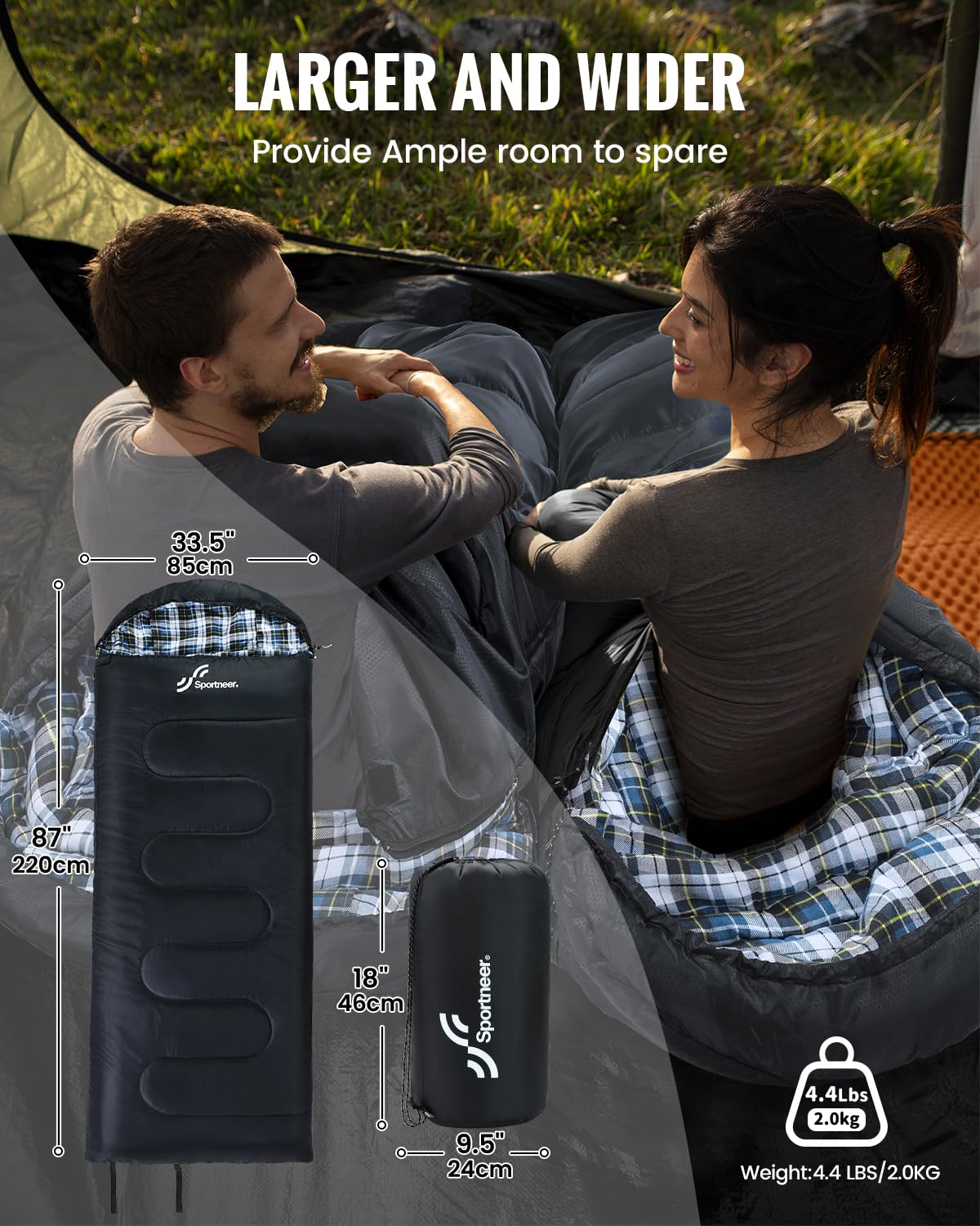 Sportneer sleeping bag envelope-design-wide adds room for comfortable sleeping.