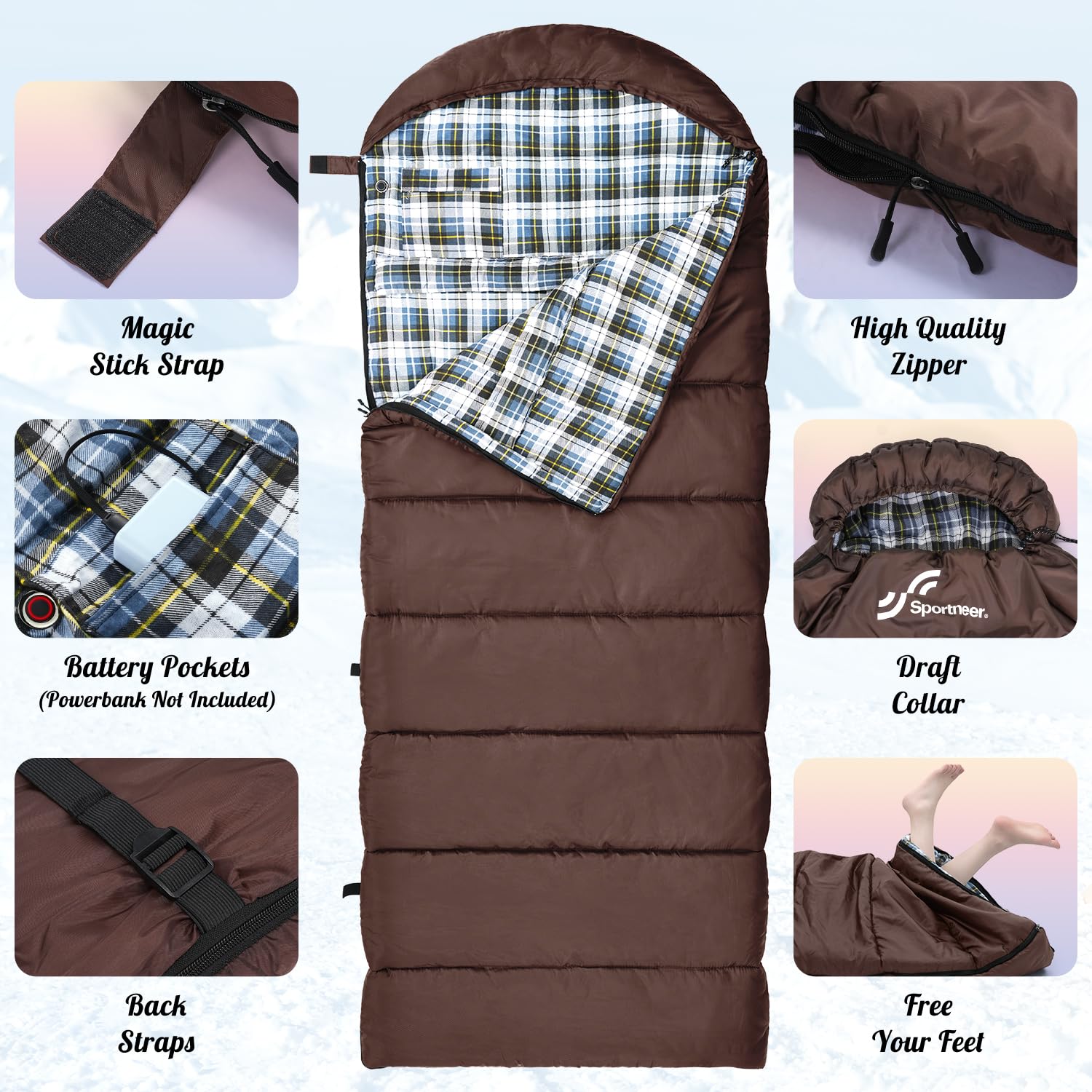Sportneer sleeping bag lining uses ultra-soft flannel for cozy nights.
