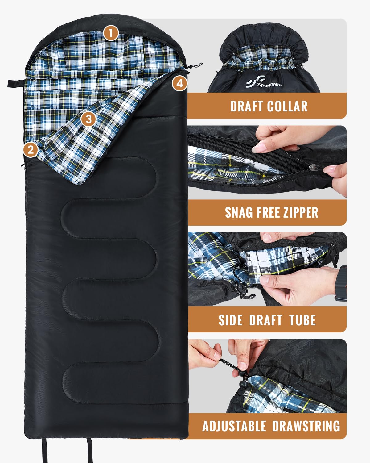 Sportneer sleeping bag outer-210t-polyester-taffeta keeps you dry with breathable protection.