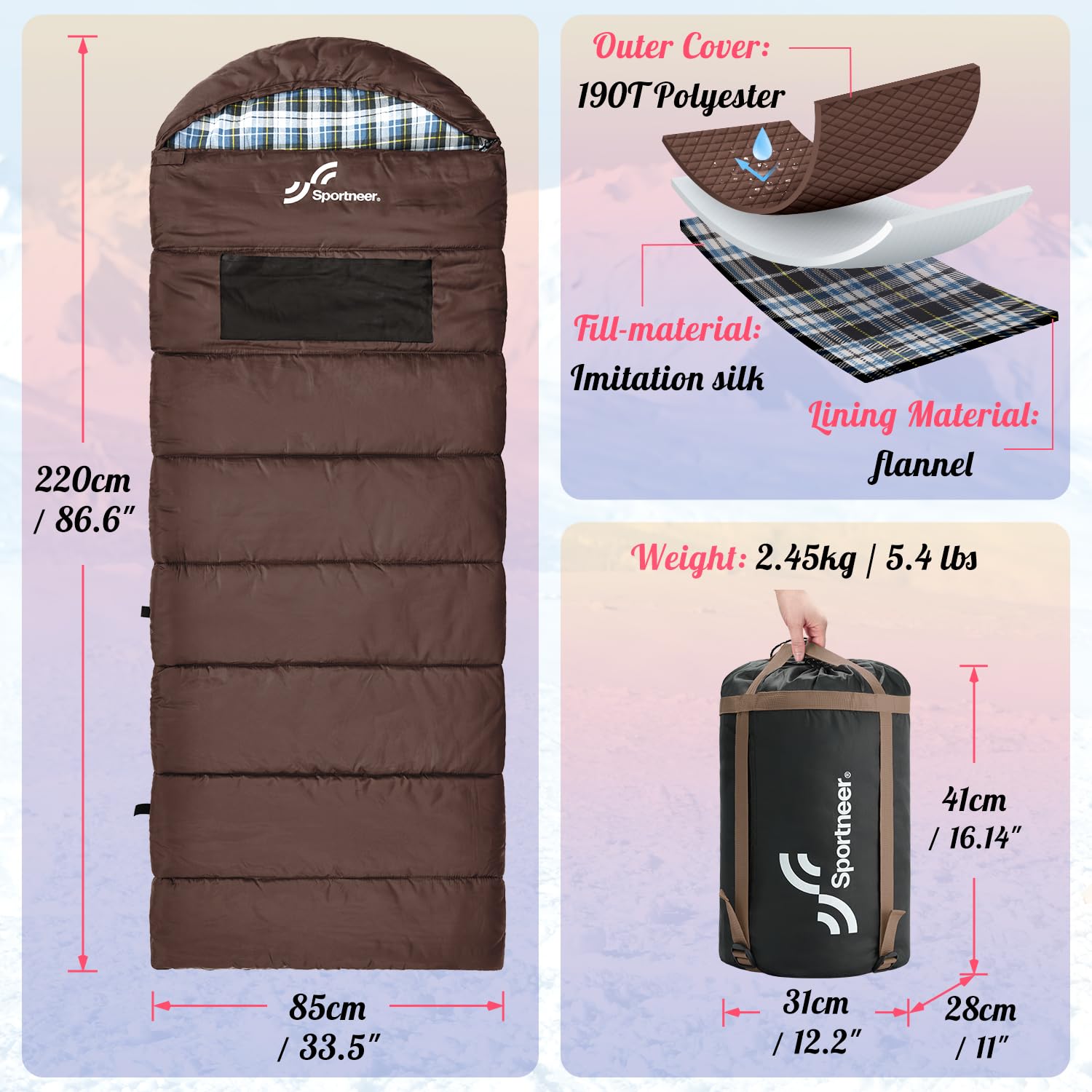 Sportneer sleeping bag outer fabric enhances durability in rugged outdoor use.