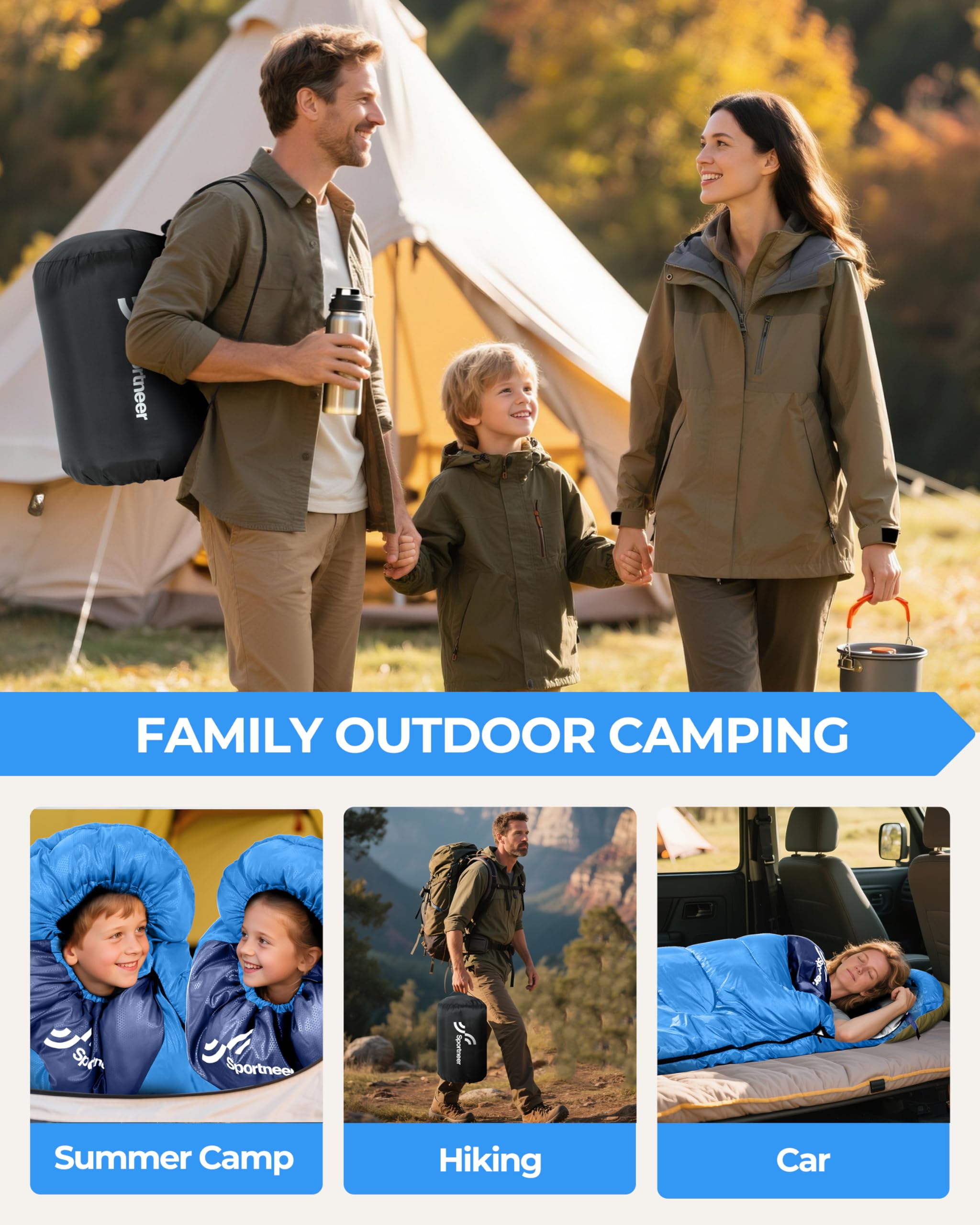 Sportneer roomy sleeping bag showing wide 87 inches by 31.5 inches for adults and kids.
