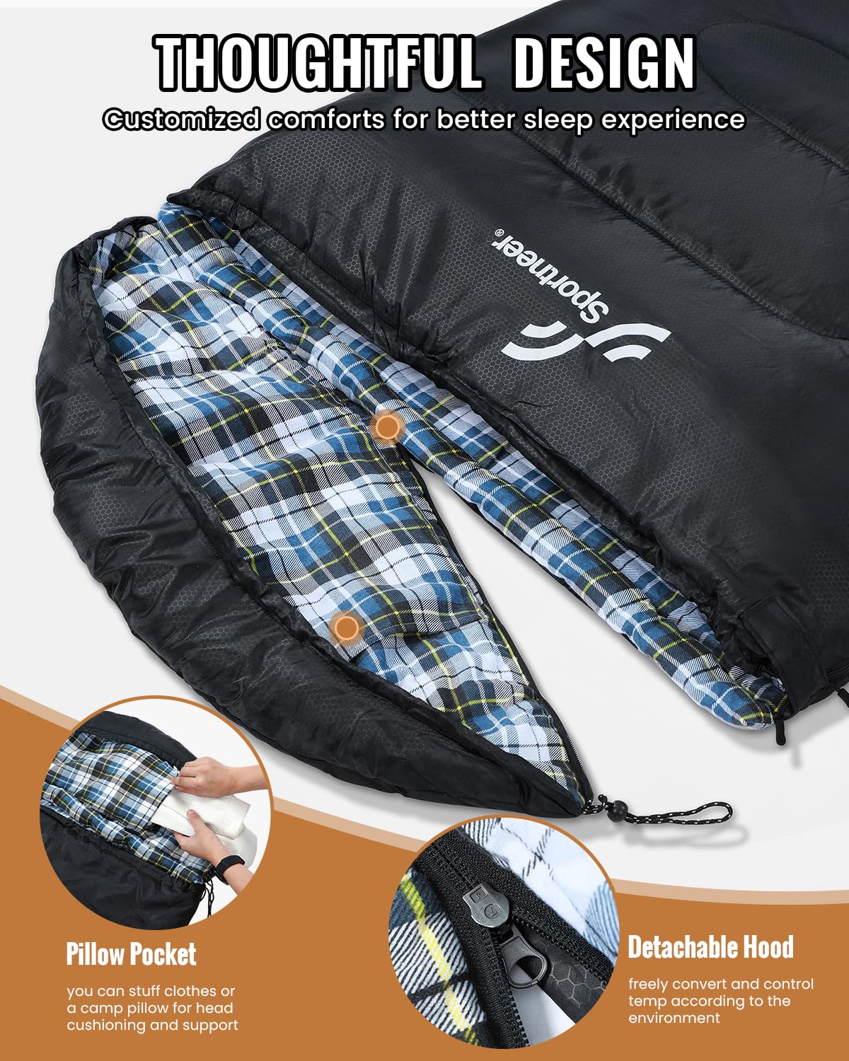Sportneer sleeping bag with soft-flannel-lining delivers cloud-like comfort and warmth.