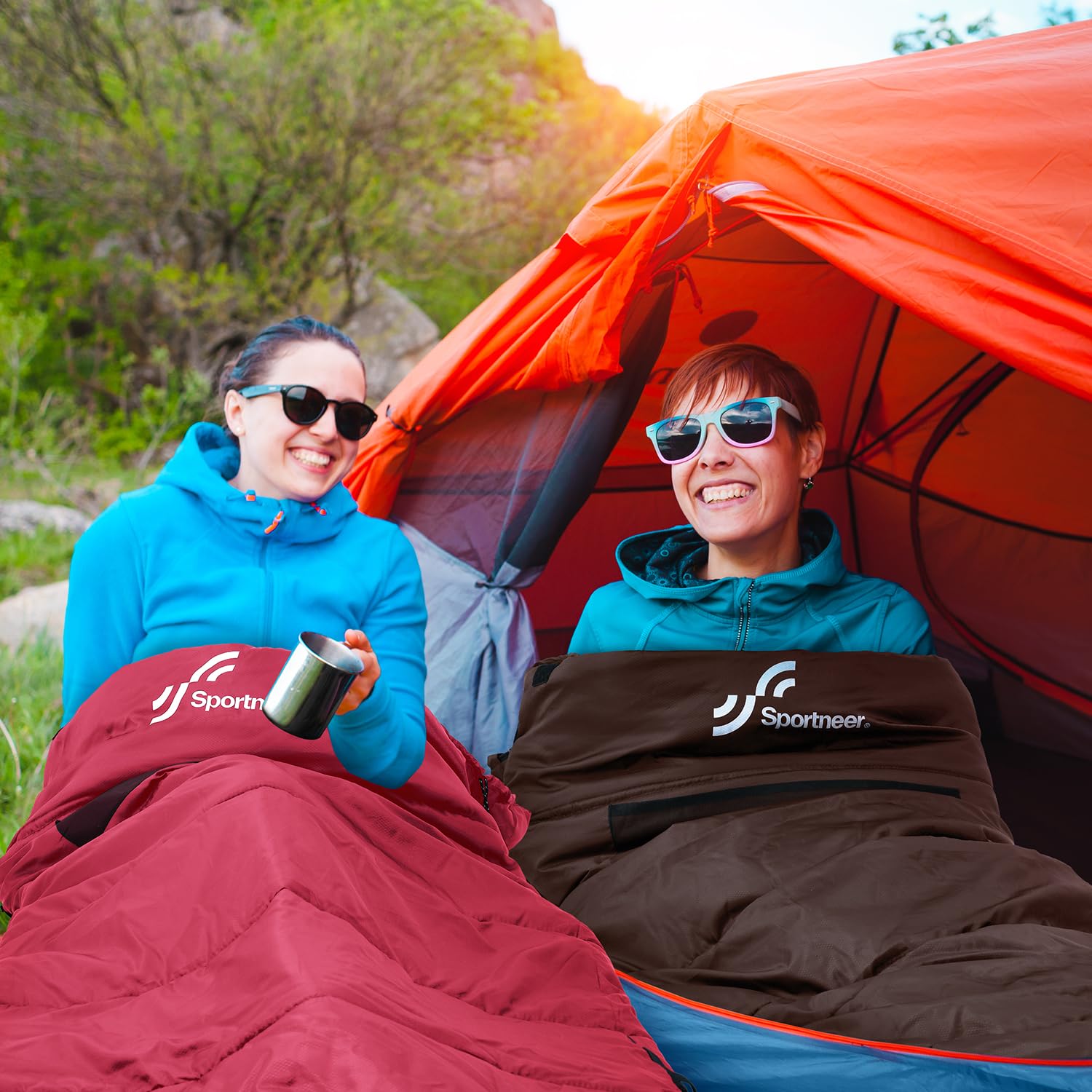Sportneer sleeping bag features two-way zipper and back straps for versatility.