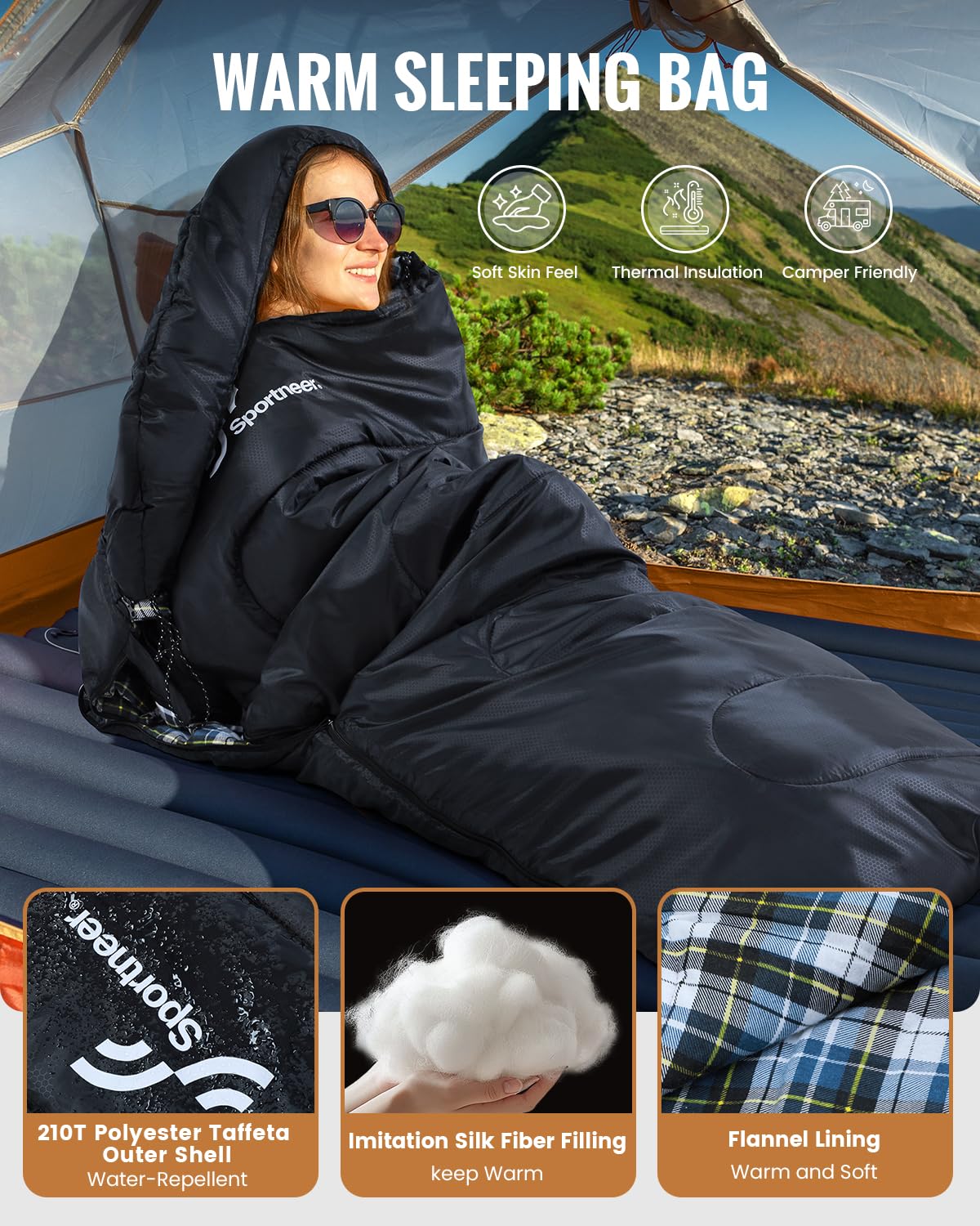 Sportneer sleeping bag two-way-zipper provides smooth access and easy venting.