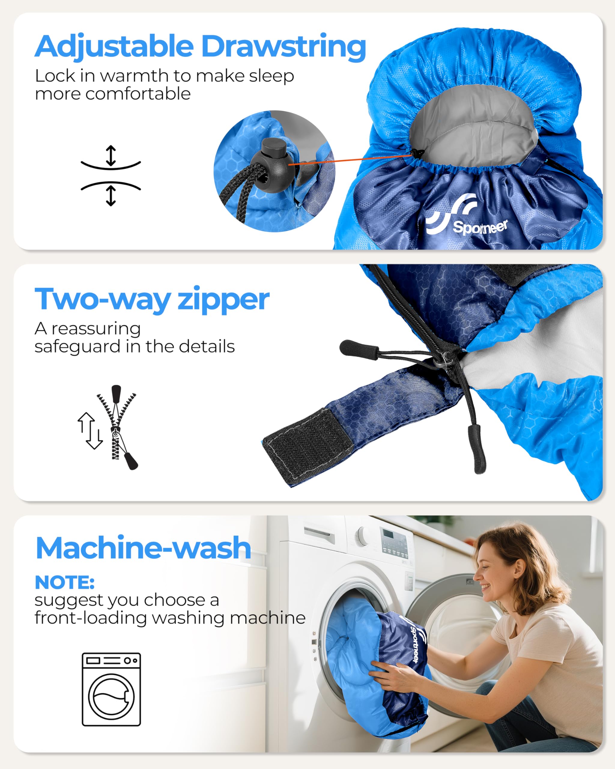Sportneer sleeping bag bottom unzip feature enabling ventilation on warm nights.