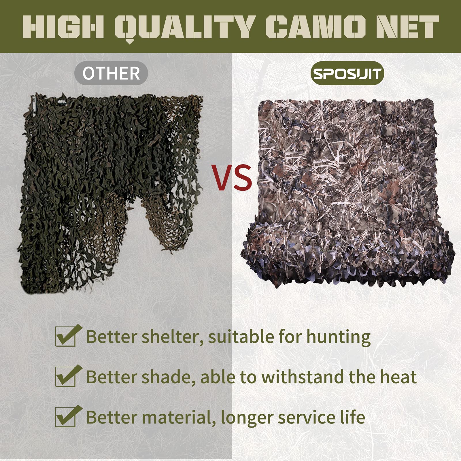 Sposuit camo netting oxford fabric closeup highlights sturdy waterproof weave for rugged use.