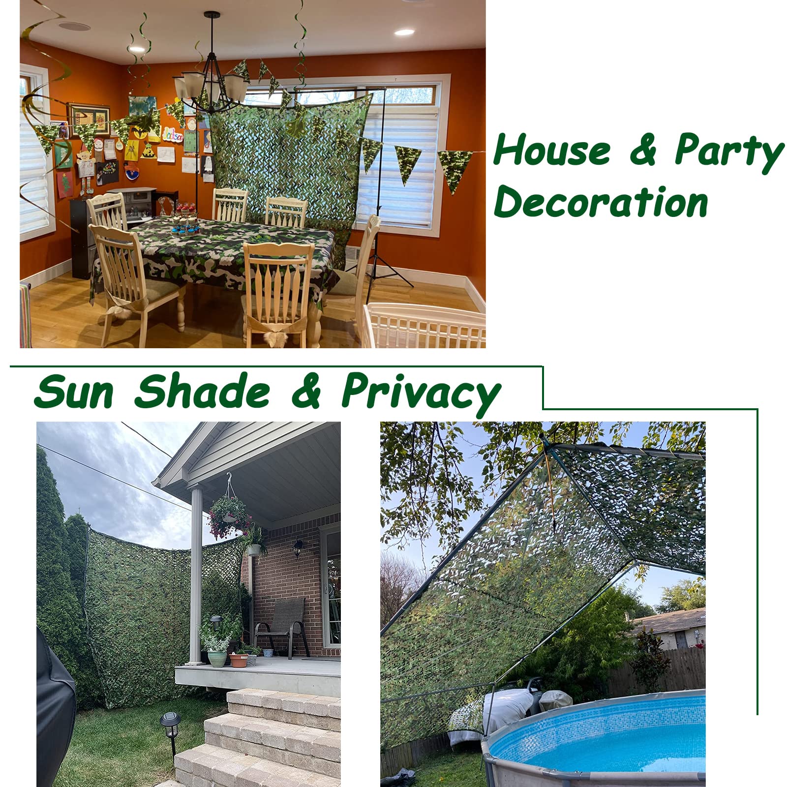 Sposuit camo netting sunshade cover offering shade and privacy.