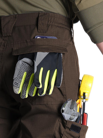 SPOSULEI cargo pants brown pocket layout — nine pockets for tools and gear.
