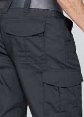 SPOSULEI cargo pants, black back view showing utilitarian pocket layout.