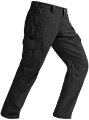SPOSULEI cargo pants for men, black front view with nine pockets for tools.
