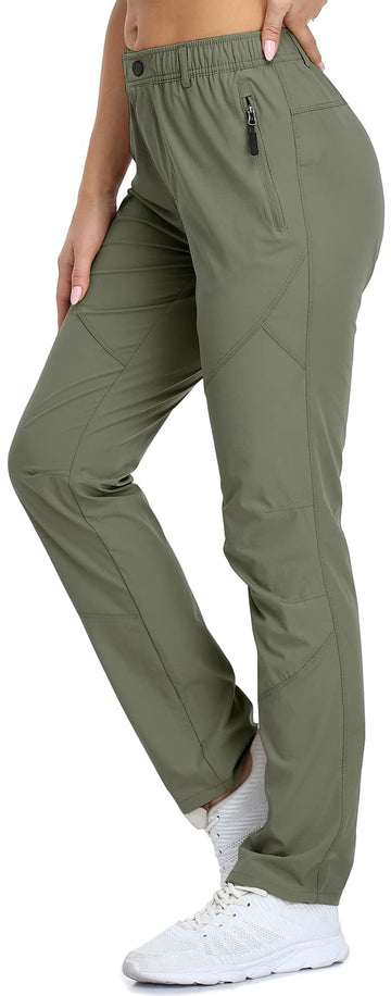 Sposulei women's golf pants army green side view highlights secure zip pockets for valuables