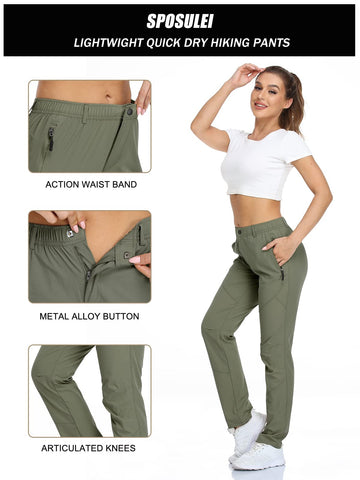 SPOSULEI women's golf travel pants army green, fabric drying quickly after activity.