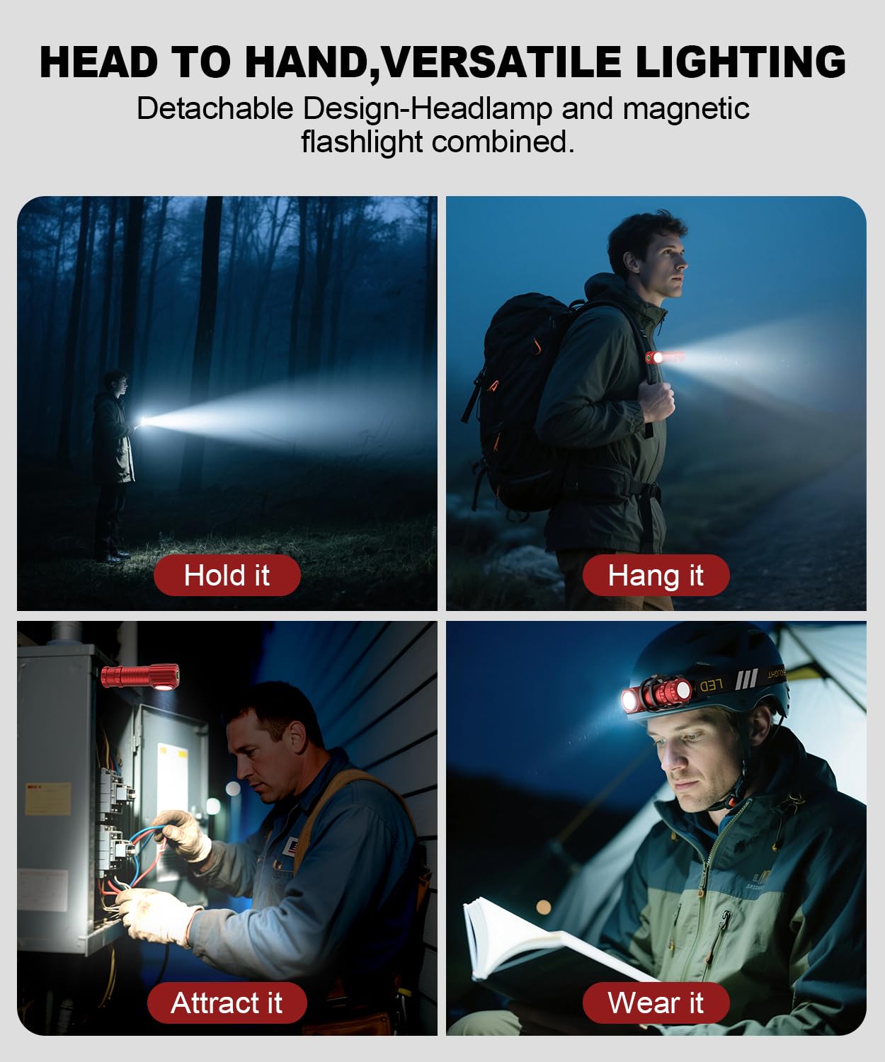Spriak headlamp front tilt view demonstrates adjustable beam for precise target lighting.