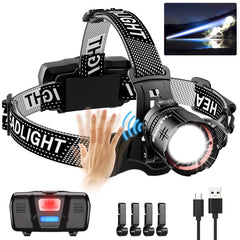 Spriak high-lumens headlamp front view with long-range beam for night activities.