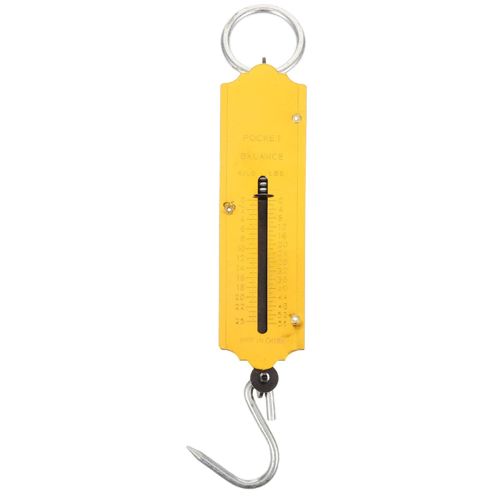 Front view of Spring Fish Scale with yellow body and stainless steel hook
