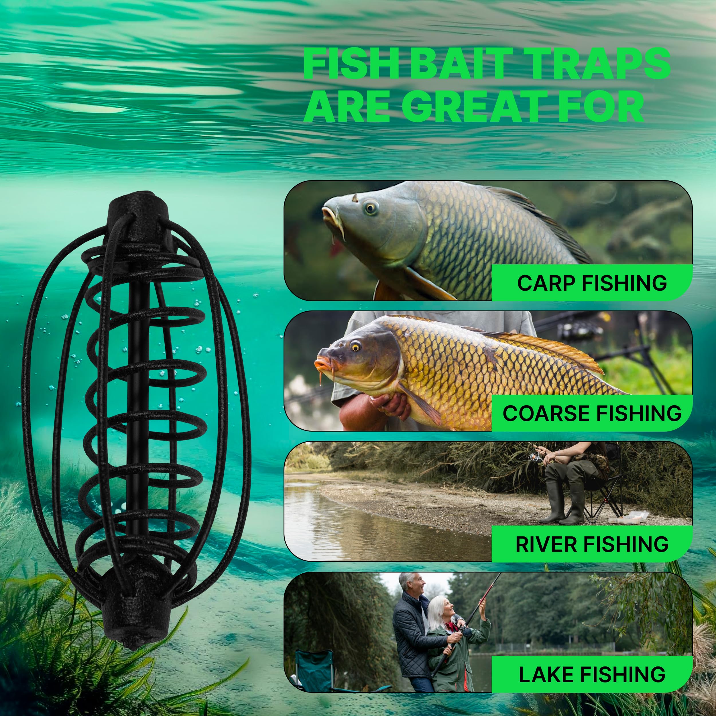 Carp, coarse, lake and river fishing with bait trap cages