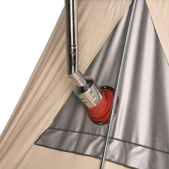Springbar Zip-in Stove Jack installed, silver, simplifies venting and wood stove setup in camping tent.