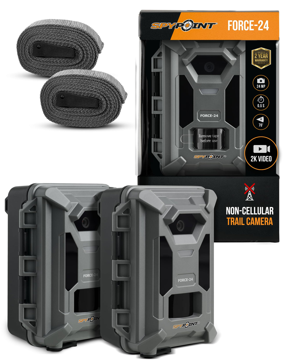 SPYPOINT FORCE-24 twin pack front view shows portable deployment for on-site scouting.