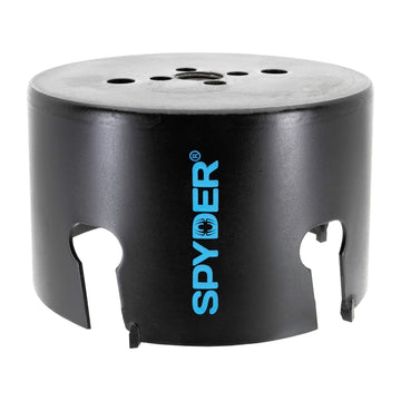 Spyder 4-1-4 inch carbide tipped hole saw product shot shows versatile drilling across materials.