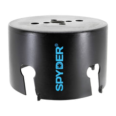 Spyder 4-1-4 inch carbide tipped hole saw product shot shows versatile drilling across materials.