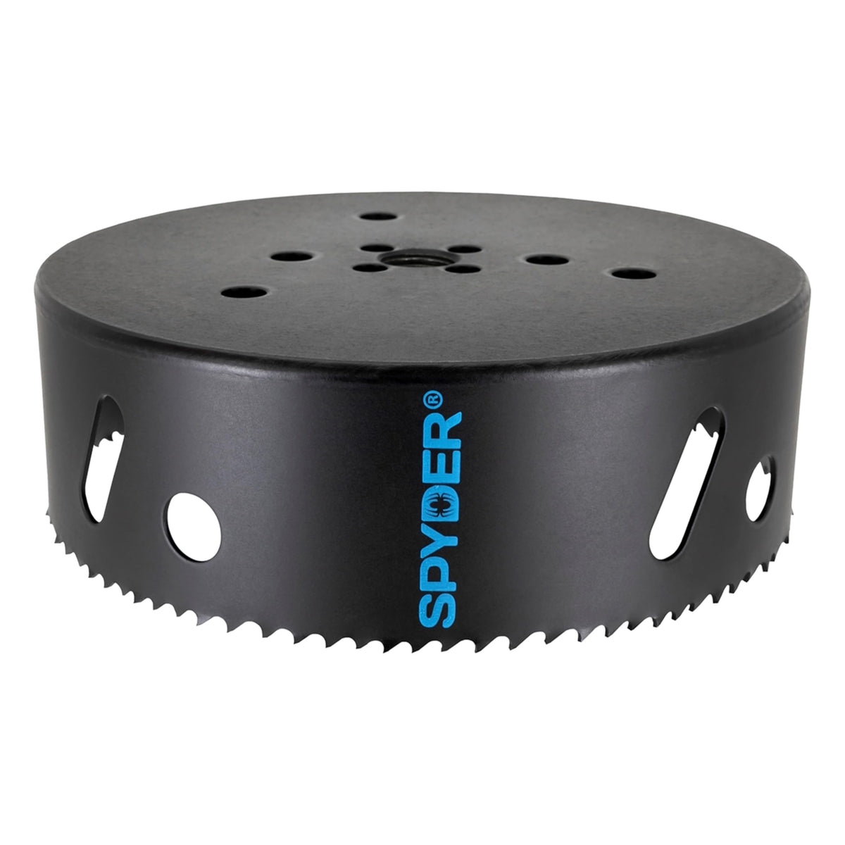 Spyder 6-Inch Bi-Metal Hole Saw cut close-up showing smooth steel cutting capability.