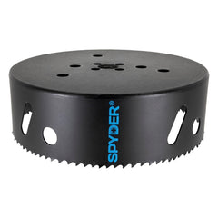 Spyder 6-Inch Bi-Metal Hole Saw cut close-up showing smooth steel cutting capability.