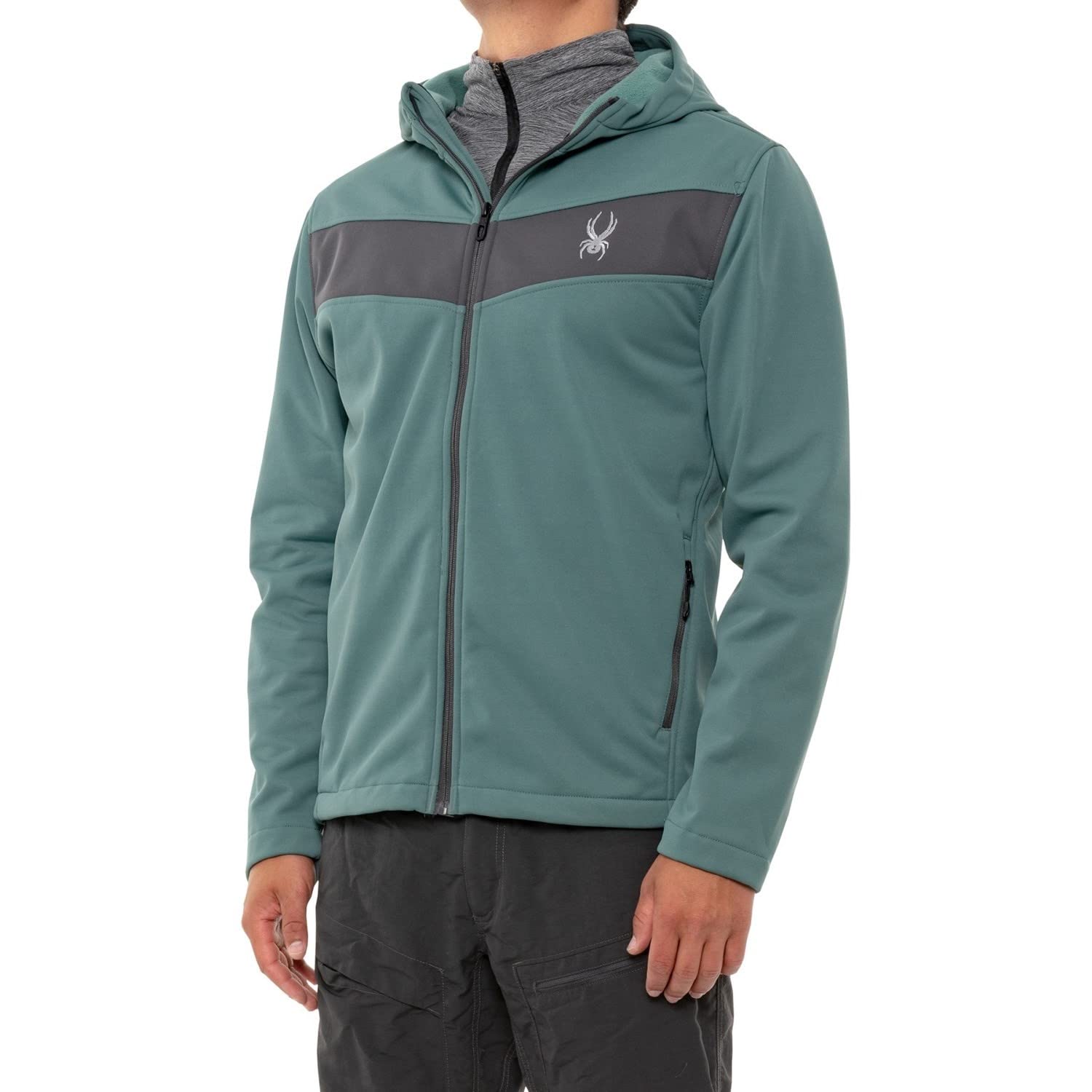Spyder Ghost large full-zip hooded soft shell jacket front view with weather-ready embroidered logo