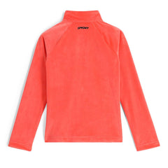 Spyder Shimmer Bug logo close-up on Coral Haze fleece, adds playful sparkle for everyday wear.