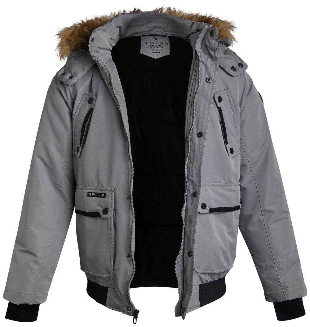 Spyder puffer front view shows modern cut and durable finish