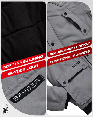 Spyder puffer side-hood view highlights secure, weather-ready fit